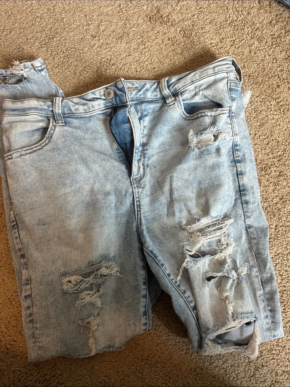 American Eagle Outfitters Light Wash Distressed Super High- Rise Jeans